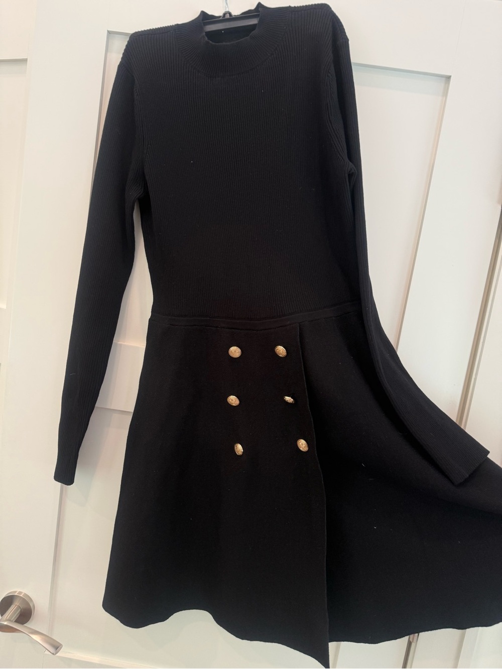 BCX Black Long-Sleeve Fit & Flare Dress with Gold Buttons